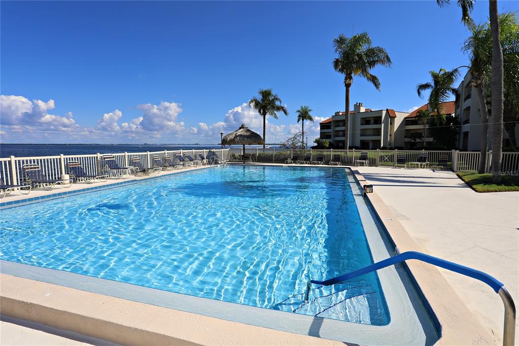 A rectangular swimming pool sits on a patio overlooking a large body of water — 103 1ST STREET E UNIT 113, TIERRA VERDE, FL