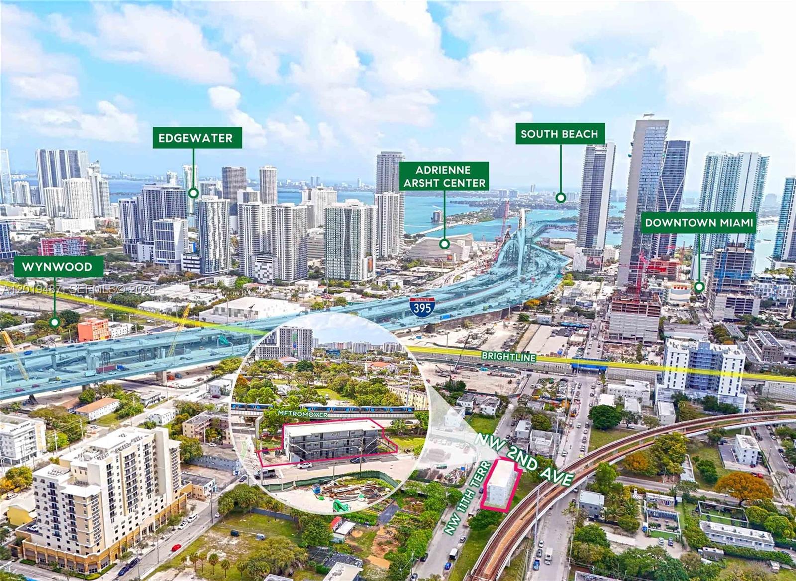 This aerial rendering shows a multi-story building highlighted in a city landscape with surrounding infrastructure — 220 NW 11th Ter, Miami FL 33136, MIAMI, FL