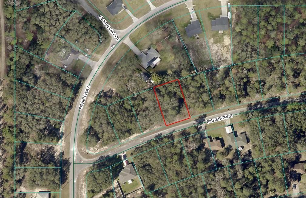 This is an aerial map showing a vacant, wooded residential lot outlined in red — LOT 8 FISHER TRACE, OCKLAWAHA, FL