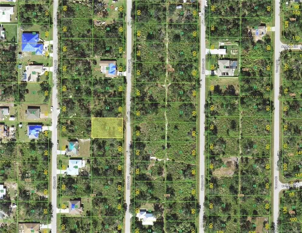 This is a satellite map showing residential land parcels and streets — 3503 DURKEE STREET, PUNTA GORDA, FL