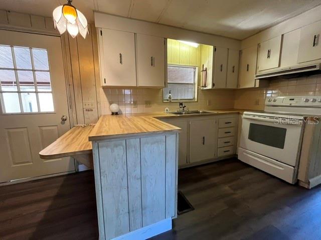 A kitchen features white cabinets, a wood-topped peninsula, a white stove, and dark flooring — 223 PEPPERTREE COURT, LAKE MARY, FL