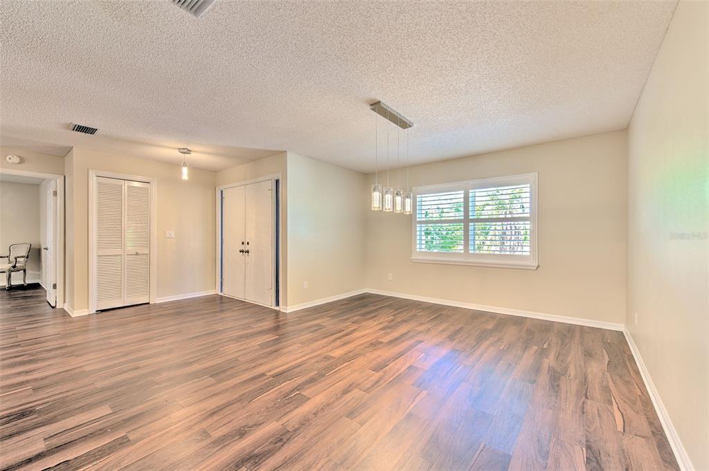 An empty dining room features wood-look flooring, a modern pendant light, and white louvered closet doors — 1812 NEW BEDFORD DRIVE, SUN CITY CENTER, FL