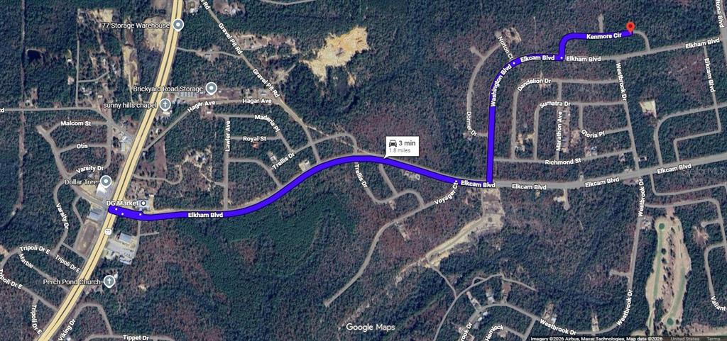 This map shows a driving route along Elkham Boulevard to a residential street — Lot 11, Unit 6, Blk 364, KENMORE CIRCLE, CHIPLEY, FL