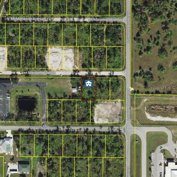 This is an aerial map view of a vacant residential lot — 23507 MACBETH COURT, PUNTA GORDA, FL
