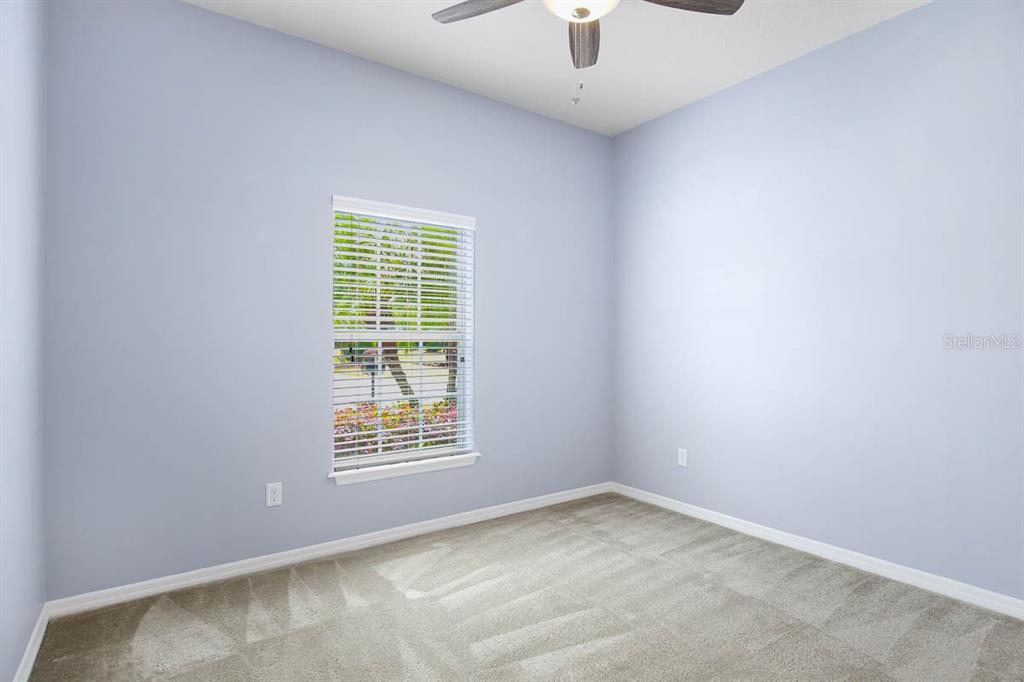 An empty bedroom features light blue walls, beige carpeting, a ceiling fan, and one window — 8614 TURNSTONE SHORE LANE, RIVERVIEW, FL