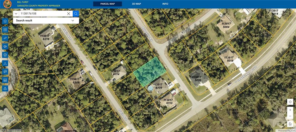 This is a satellite map showing a highlighted vacant residential lot in a suburban neighborhood — Lot 8 ABBEVILLE ROAD, NORTH PORT, FL