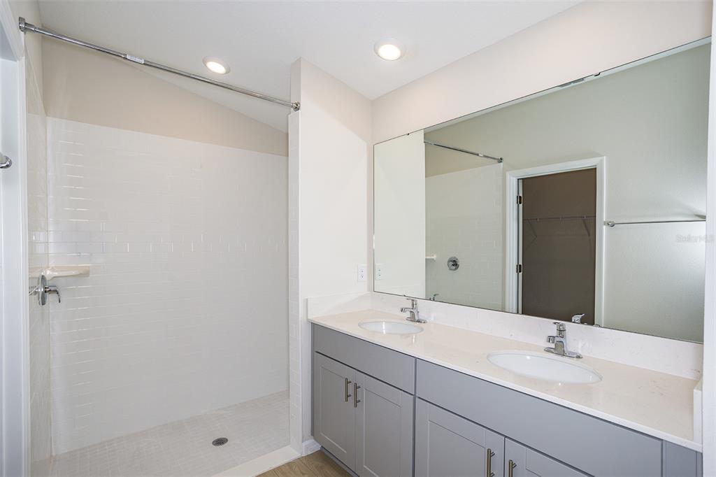 A bathroom features a walk-in shower with white tile and a double-sink gray vanity — 31702 OYSTER TRELLIS LANE, WESLEY CHAPEL, FL