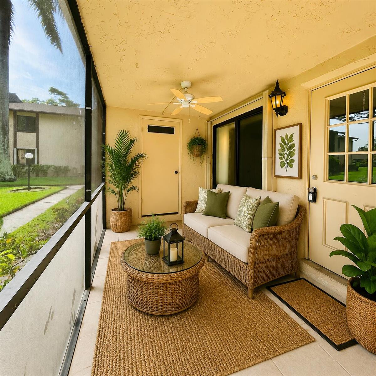 A screened-in patio features a wicker sofa, a glass-topped coffee table, and potted plants — 418 Pine Glen Lane # 1, FL 33463, FL