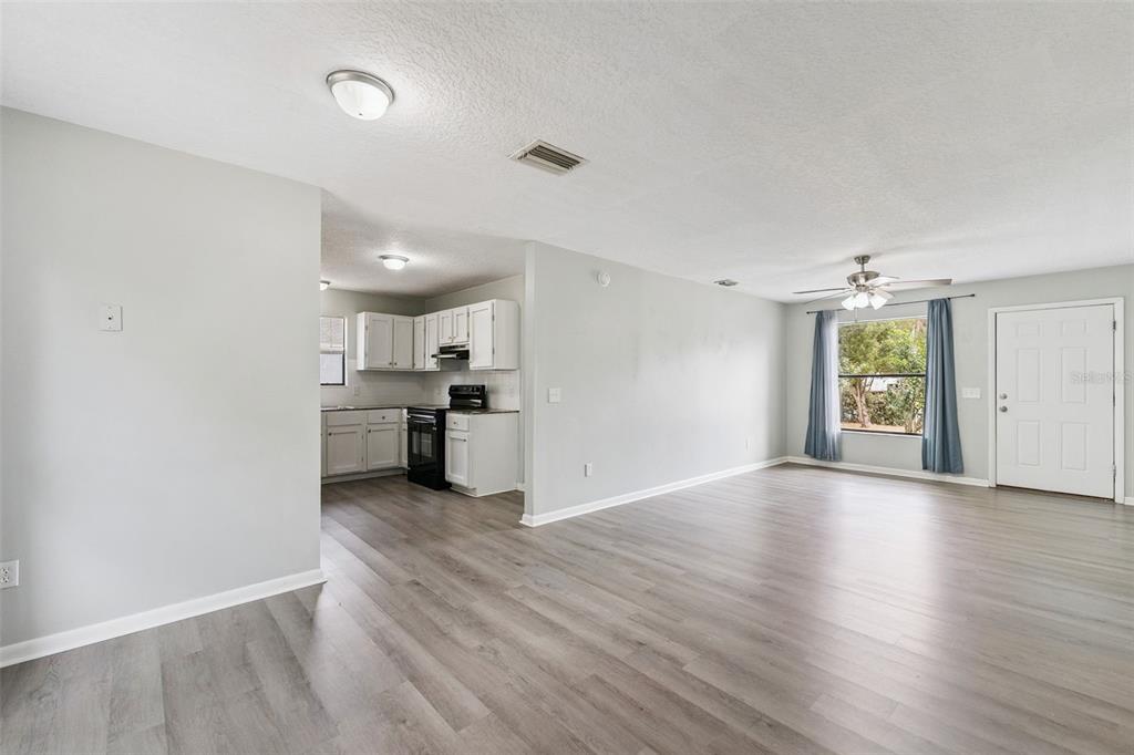 An open-concept living area with light gray walls, wood-look flooring, and an adjacent kitchen — 202 S BOSTON AVENUE, DELAND, FL