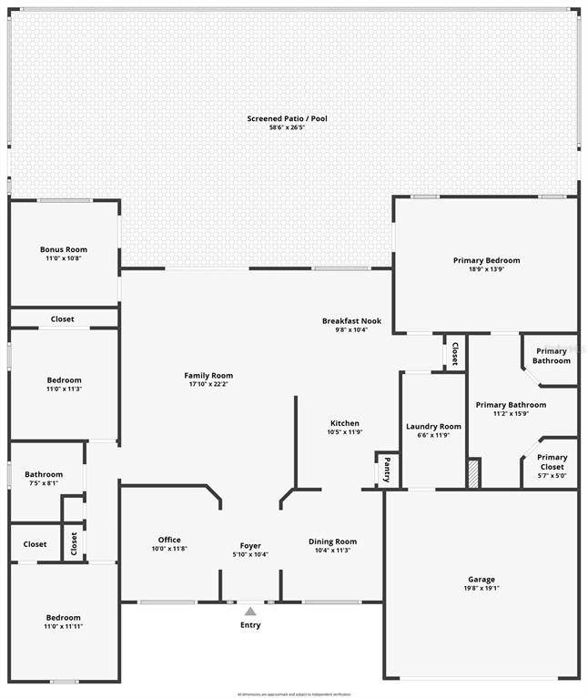 This is a floor plan of a single-story house featuring a screened patio and pool — 2443 LANCASTER LANE, NORTH PORT, FL