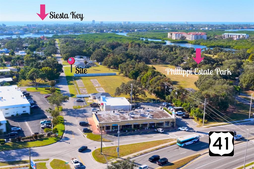 This is an aerial view of a commercial property site near Phillippi Estate Park — SOUTHWOOD STREET, SARASOTA, FL