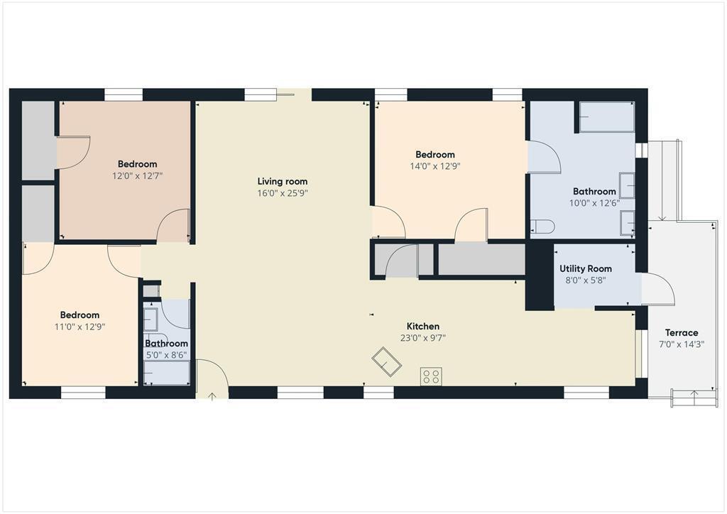 A 2D floor plan showing a three-bedroom apartment layout with a kitchen, two bathrooms, and a terrace — 945 NE 28th Avenue, Okeechobee FL 34972, OKEECHOBEE, FL