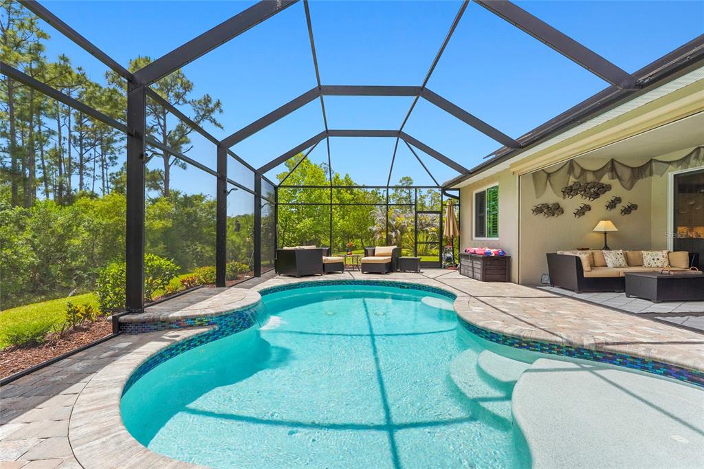A screened-in patio features a swimming pool with a spillover spa and outdoor seating — 617 MISTIFLOWER CIRCLE, NOKOMIS, FL