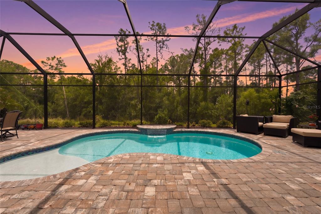 A swimming pool with a water feature sits inside a screened lanai with paver decking — 617 MISTIFLOWER CIRCLE, NOKOMIS, FL