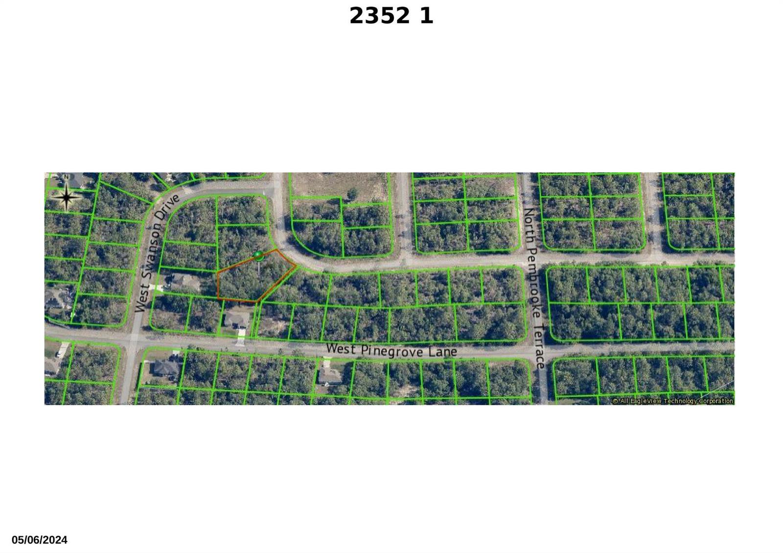 This is an aerial map showing a vacant lot highlighted in orange within a neighborhood — 2352 W Conway Drive, FL 34434, FL