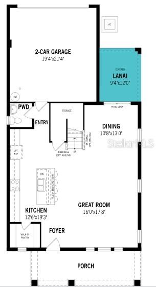 This is a floor plan of a home's main level featuring a garage and lanai — 125 GREENHOUSE GROVE STREET, GROVELAND, FL