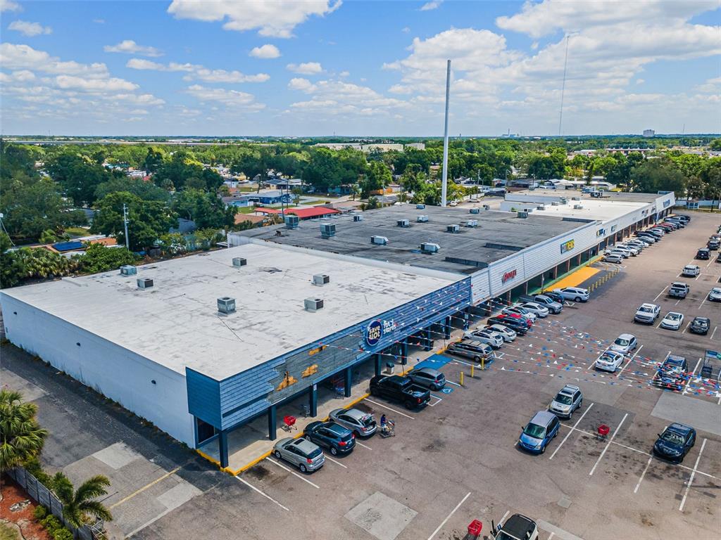 An aerial view shows a commercial strip mall with a large parking lot — 7430 PALM RIVER ROAD, TAMPA, FL