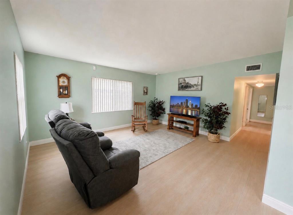 A living room features light green walls, wood-look flooring, a gray recliner, and a television — 7812 N GOMEZ AVENUE, TAMPA, FL