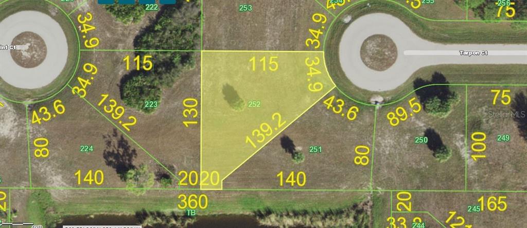 This is a map showing a highlighted residential lot with dimensions in a subdivision — 1 TARPON COURT, PLACIDA, FL