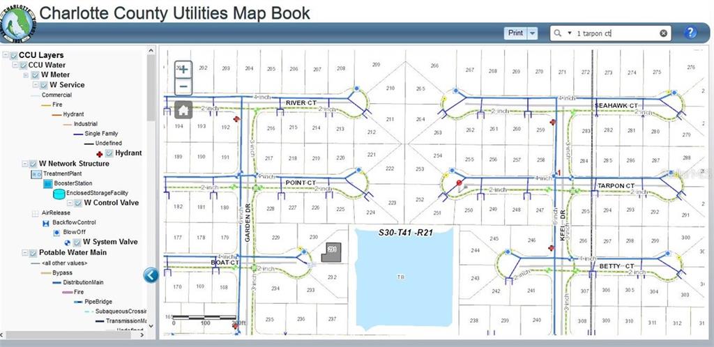 This is a digital map showing water utility infrastructure and property lot numbers in Charlotte County — 1 TARPON COURT, PLACIDA, FL