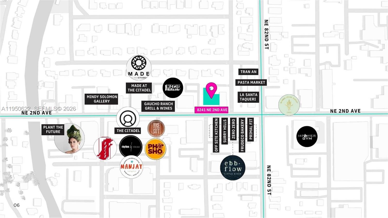 This is a map showing the locations of various businesses along NE 2nd Avenue — 8241 NE 2nd Ave, Miami FL 33138, MIAMI, FL