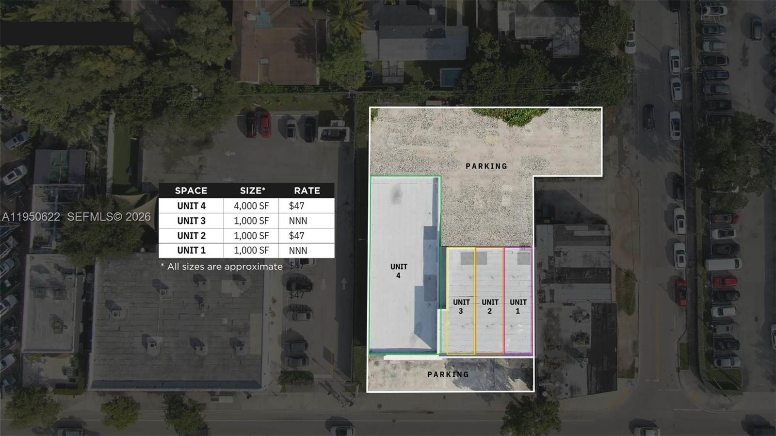 This aerial map shows a commercial property layout with four rental units and parking areas — 8241 NE 2nd Ave, Miami FL 33138, MIAMI, FL