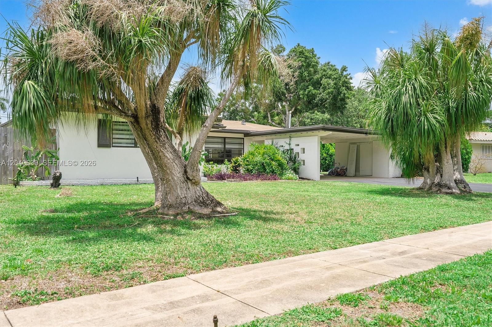 A single-story house with a carport and palm trees sits behind a front lawn — 885 Azalea Ct, Plantation FL 33317, PLANTATION, FL