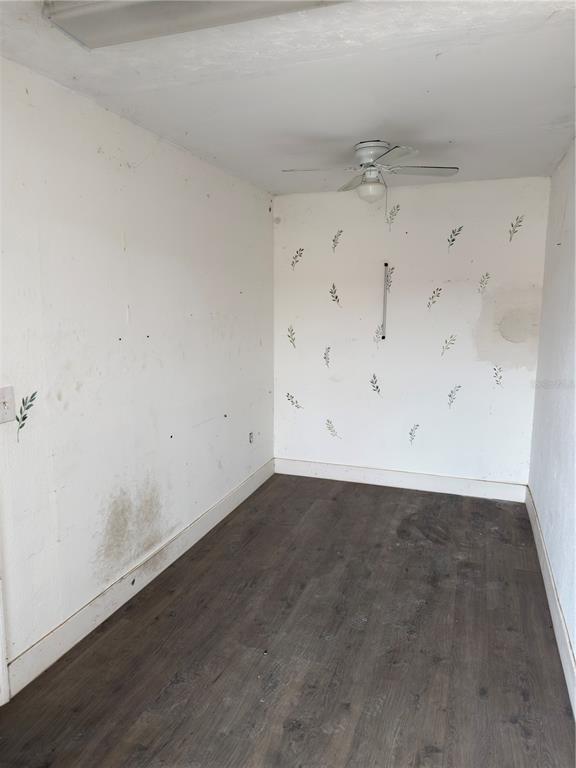An empty room features dark wood-look flooring, white walls with leaf decals, and a ceiling fan — 18210 PAULSON DRIVE UNIT 7, PORT CHARLOTTE, FL