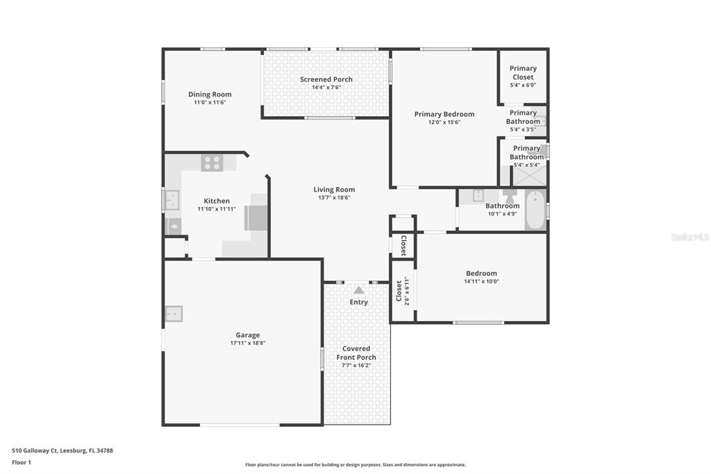 This is a floor plan for a single-story house with a garage and two bedrooms — 510 GALLOWAY COURT, LEESBURG, FL