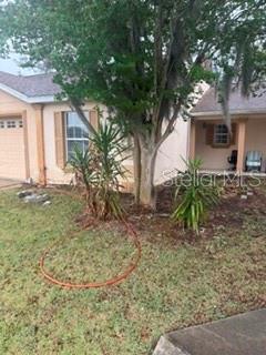 A tan house exterior features a large tree, two small yucca plants, and a porch — 11313 SW 95TH CIRCLE, OCALA, FL