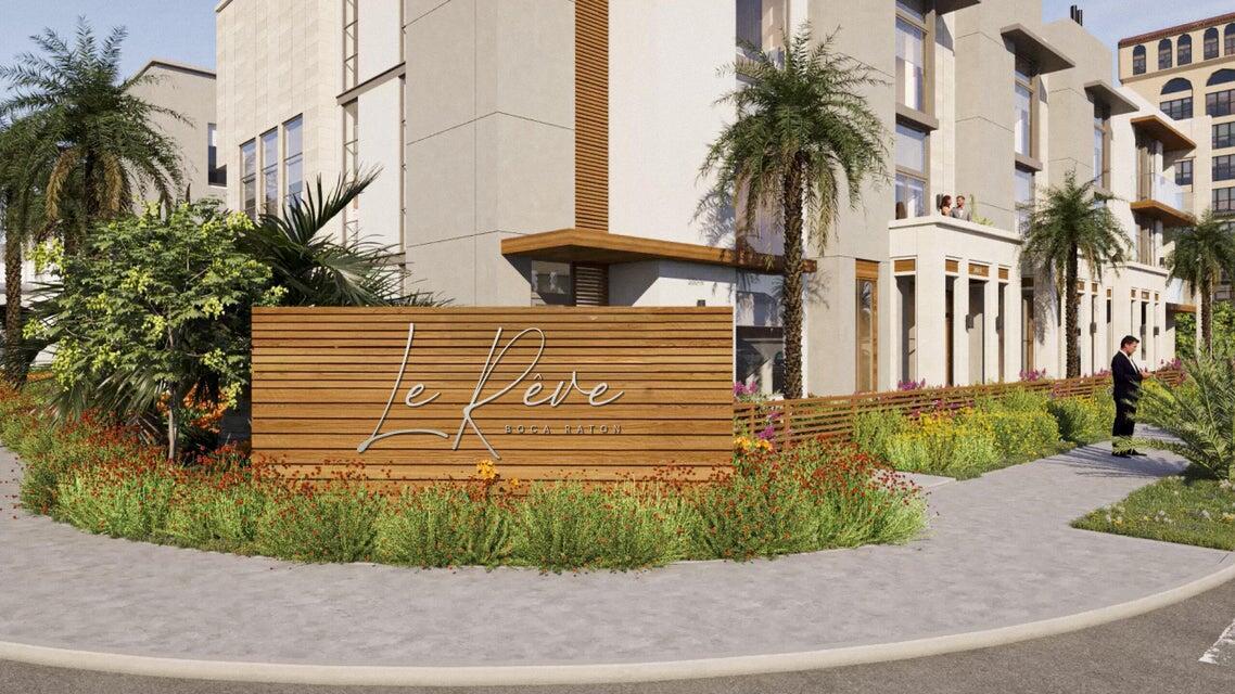 A digital rendering shows the exterior entrance of a modern building with a wooden sign — 200 E Boca Raton Road # B, Boca Raton FL 33432, BOCA RATON, FL