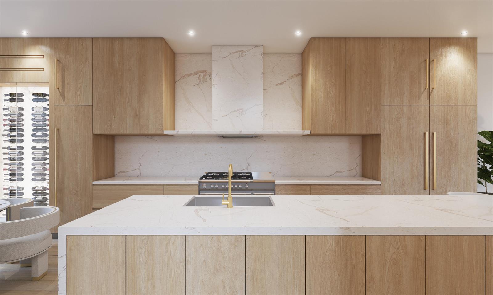This rendering shows a modern kitchen with light wood cabinetry, marble countertops, and gold hardware — 200 E Boca Raton Road # B, Boca Raton FL 33432, BOCA RATON, FL