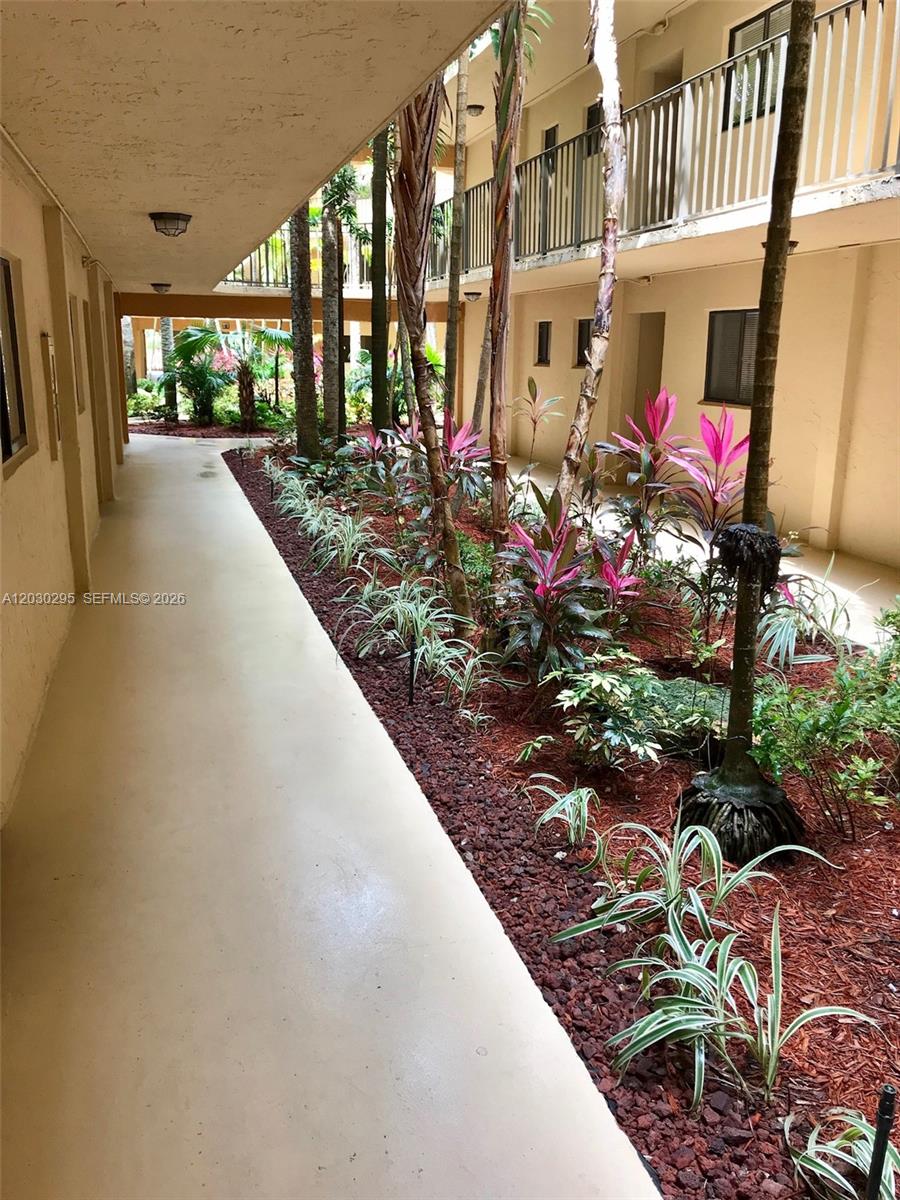 An outdoor walkway runs alongside a landscaped garden bed with tropical plants and palm trees — 8015 SW 107th Ave # 120, Miami FL 33173, MIAMI, FL