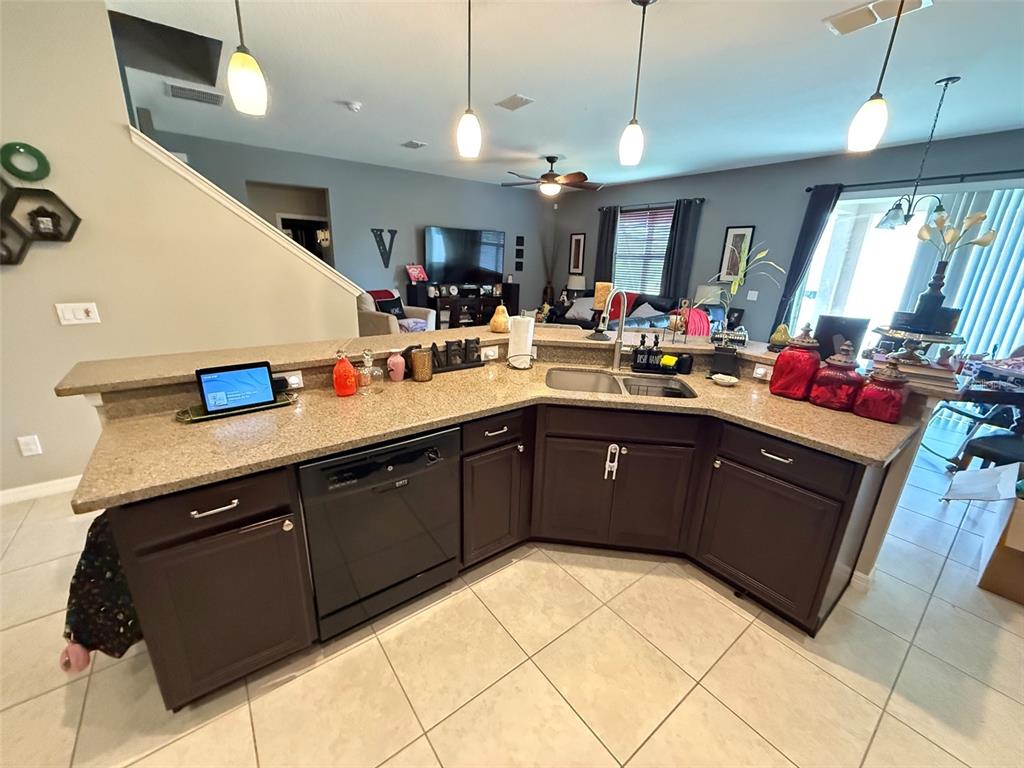 A kitchen features dark brown cabinets, granite countertops, and a stainless steel sink — 2228 NAPONE LANE, MINNEOLA, FL