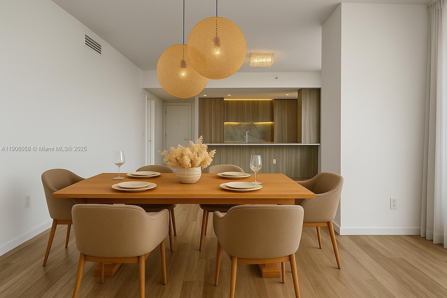 A dining area features a wooden table, six upholstered chairs, and two large pendant lights — 801 S Miami Ave # 4309, Miami FL 33130, MIAMI, FL