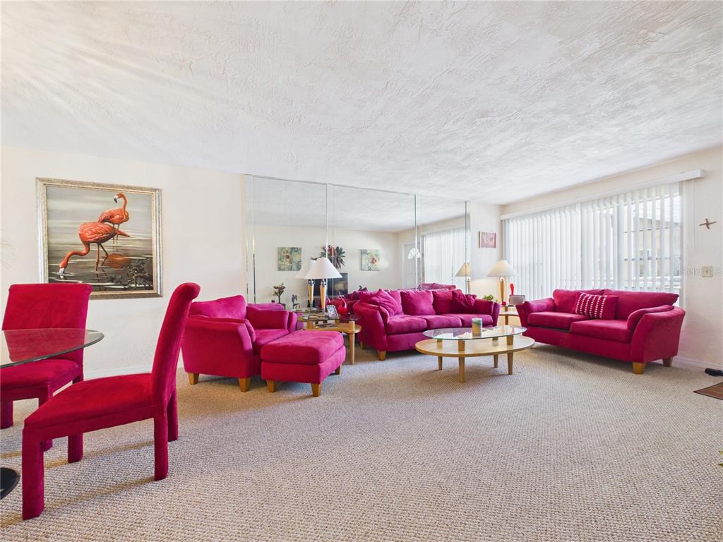A living room features bright pink furniture, a mirrored wall, and beige carpeting — 2462 BRAZILIA DRIVE UNIT 42, CLEARWATER, FL
