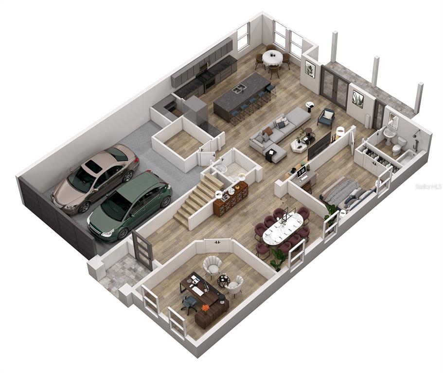 This 3D floor plan rendering shows a modern home layout with a garage and office — 803 W WOODLAWN AVENUE, TAMPA, FL