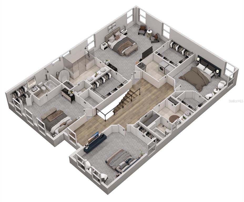 This 3D floor plan rendering shows the upper level of a house with four bedrooms — 803 W WOODLAWN AVENUE, TAMPA, FL