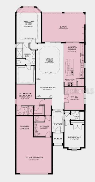 This floor plan shows a single-story home layout with three bedrooms, a study, and a garage — 3114 VICENZA COURT, BRADENTON, FL