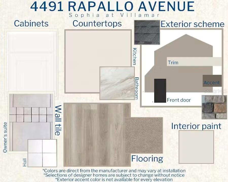 This design board displays material samples for home finishes including cabinetry, countertops, flooring, and exterior — 4491 RAPALLO AVENUE, WINTER HAVEN, FL