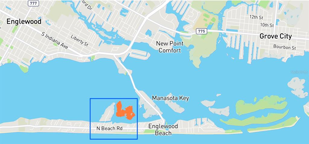 This map shows a highlighted property location on Manasota Key near Englewood Beach — MANASOTA KEY ISLAND, ENGLEWOOD, FL
