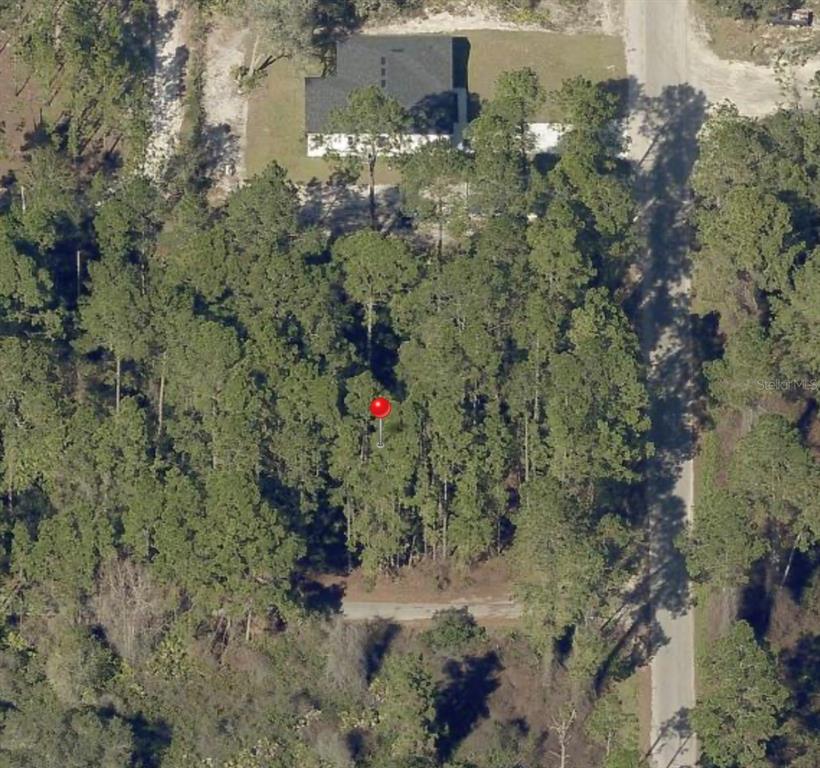 An aerial view shows a wooded, undeveloped lot with a red pin marker — XXX MALAUKA PASS PASS, OCKLAWAHA, FL