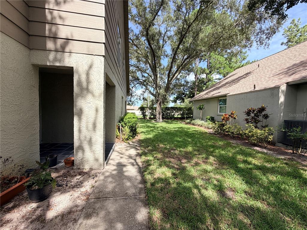 A concrete walkway leads between two residential buildings toward a grassy yard with trees — 3417 ROCHELLE COURT, CLEARWATER, FL