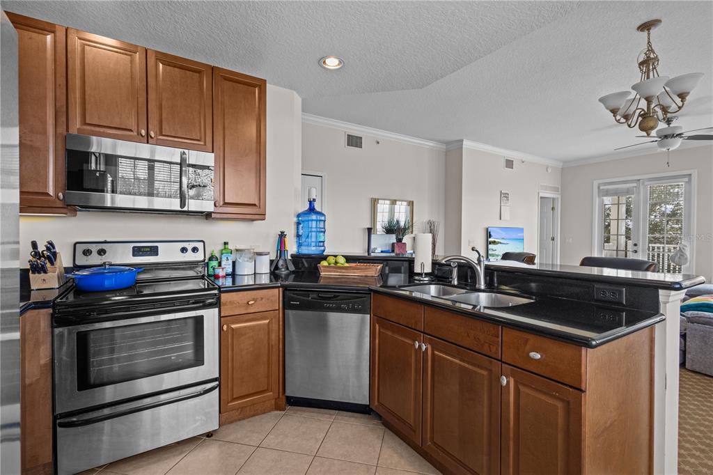 A kitchen features wood cabinets, stainless steel appliances, and black countertops — 7509 MOURNING DOVE CIRCLE UNIT 304, REUNION, FL