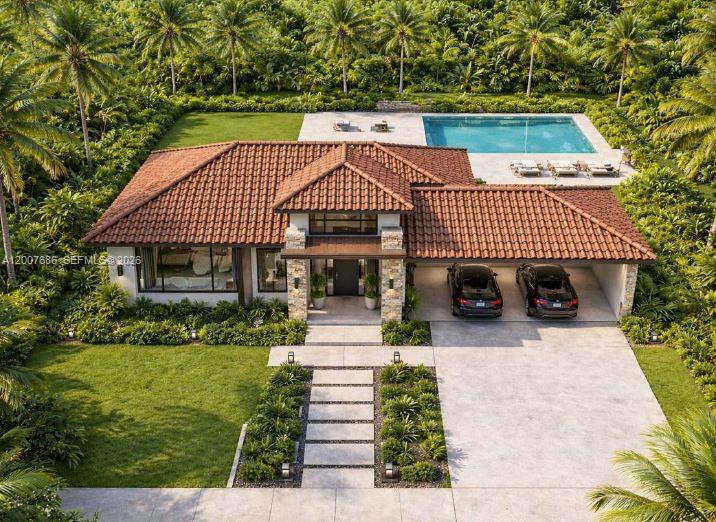 This is a rendering of a modern single-story house with a tiled roof and pool — 9PHP+MX Bocas del Toro - Myconos, Panama, FL