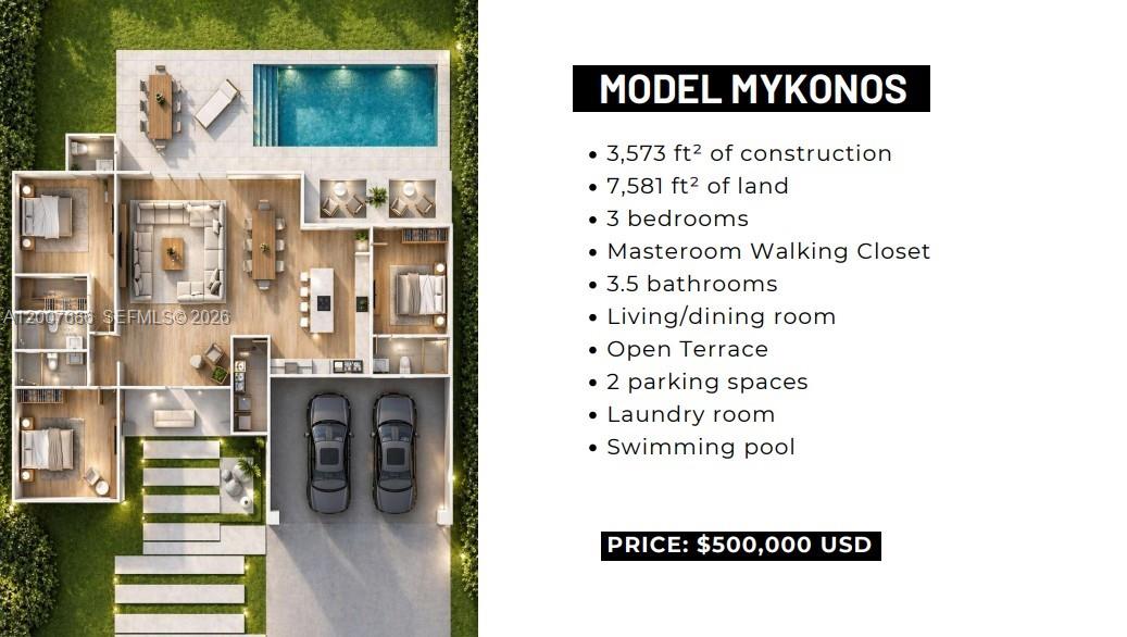 This architectural rendering shows a floor plan for a three-bedroom house with a swimming pool — 9PHP+MX Bocas del Toro - Myconos, Panama, FL