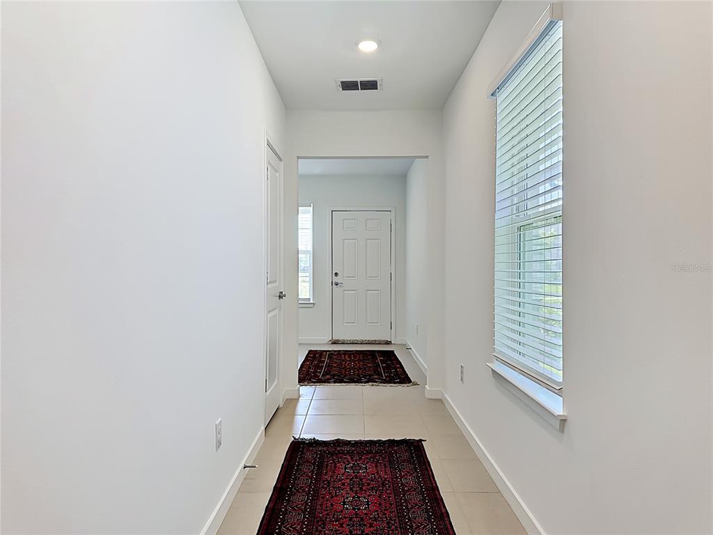 A bright hallway features tile flooring, two red patterned rugs, and a white front door — 6080 JENSEN VIEW AVENUE, APOLLO BEACH, FL