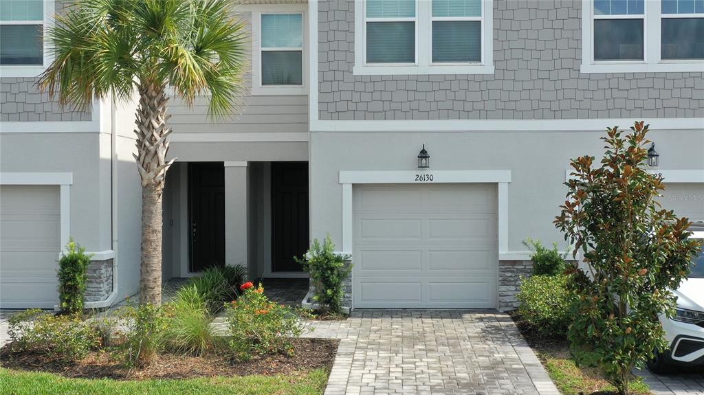 A two-story townhouse exterior features a single-car garage, a paved driveway, and a palm tree — 26130 FANTASY SKY LANE, LUTZ, FL