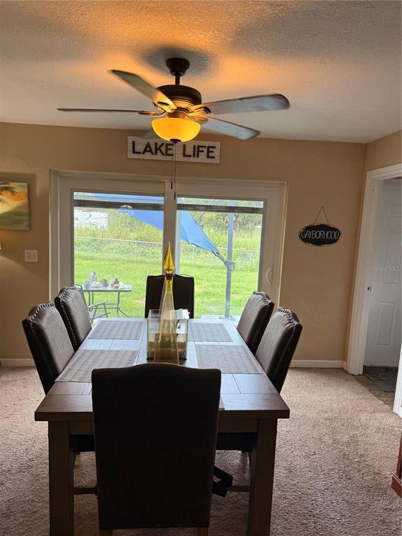 A dining room features a wooden table, six chairs, a ceiling fan, and sliding glass doors — 113 WHITE AVENUE NE, LAKE PLACID, FL