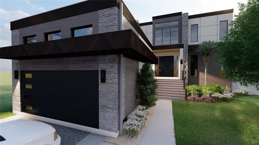 A modern home entrance features a black door, concrete steps, and wood-paneled exterior walls — 4709 W ESTRELLA STREET, TAMPA, FL
